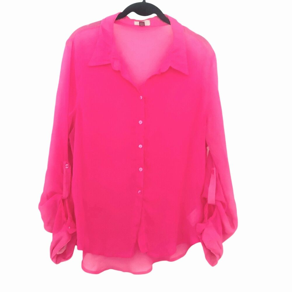 L.E.I. Neon Pink Blouse Button Up Top Sheer Bright Juniors XXL Roll Tab Sleeves